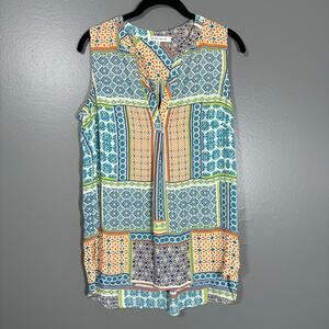 Rose + Olive Women's Blue & Orange Patchwork Sleeveless Top - Size Medium - Boho